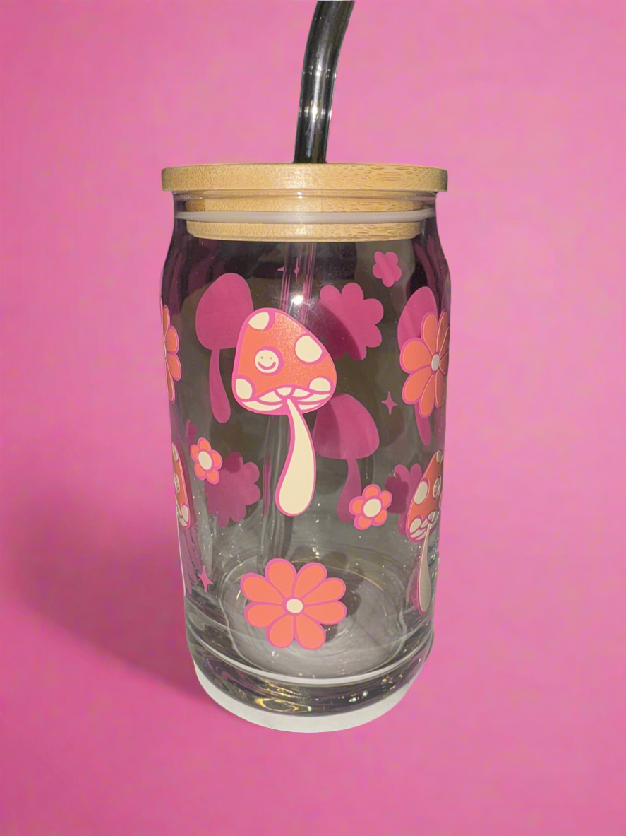 Groovy mushroom theme glass can🍄