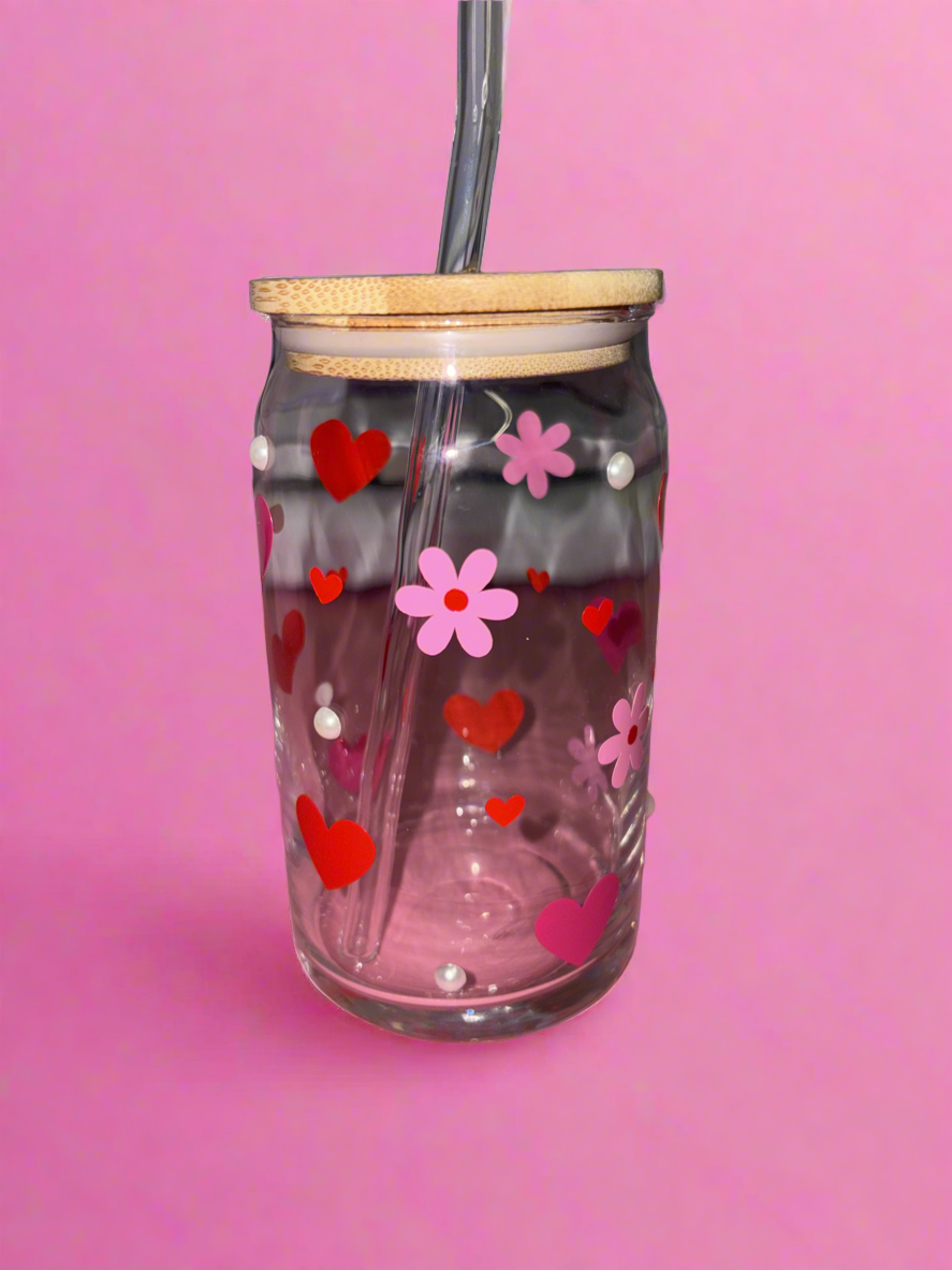 Heart and flower theme glass can🌸❤️