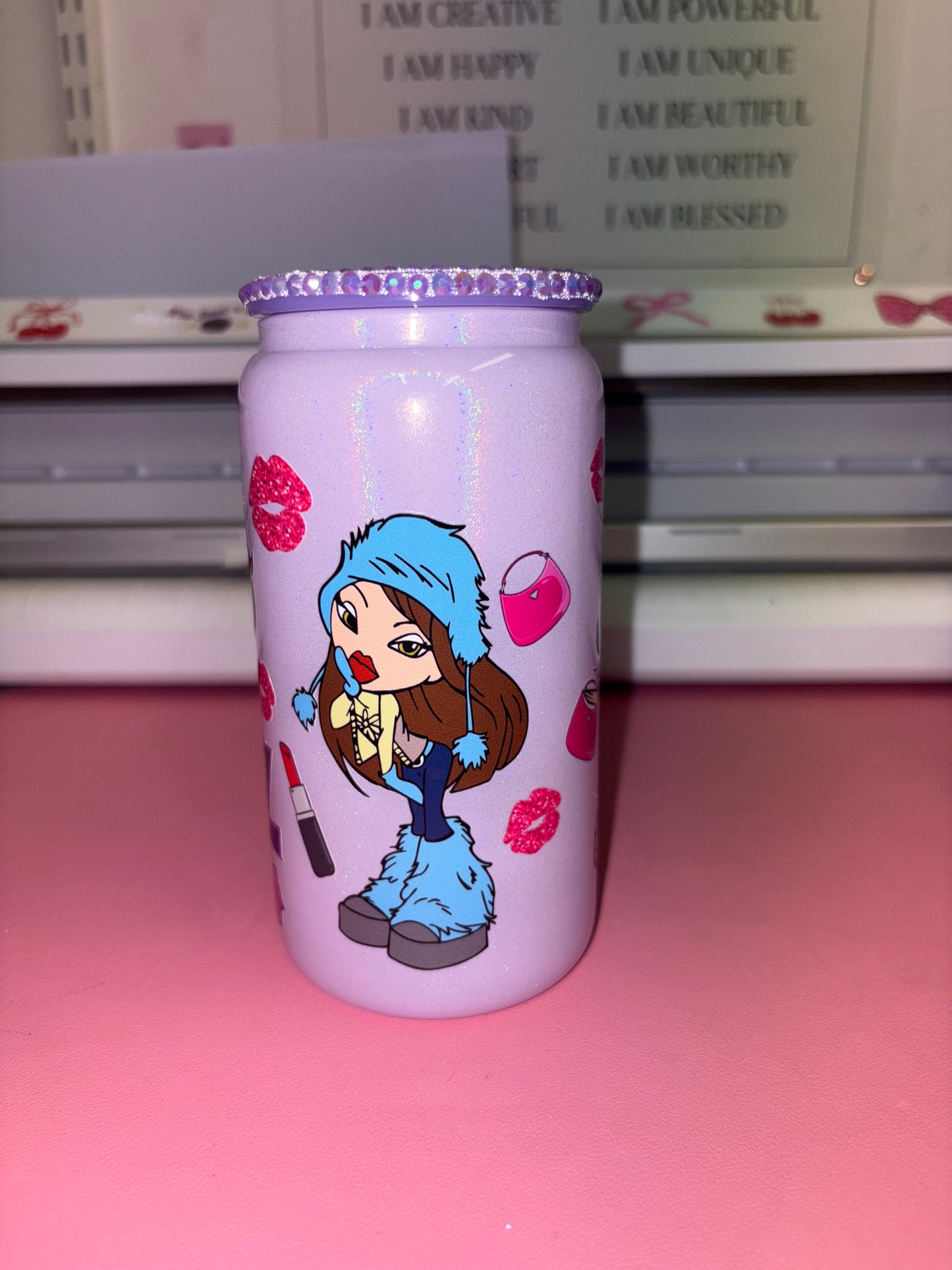 Bratz purple 16oz glass can with gemstone lid💜