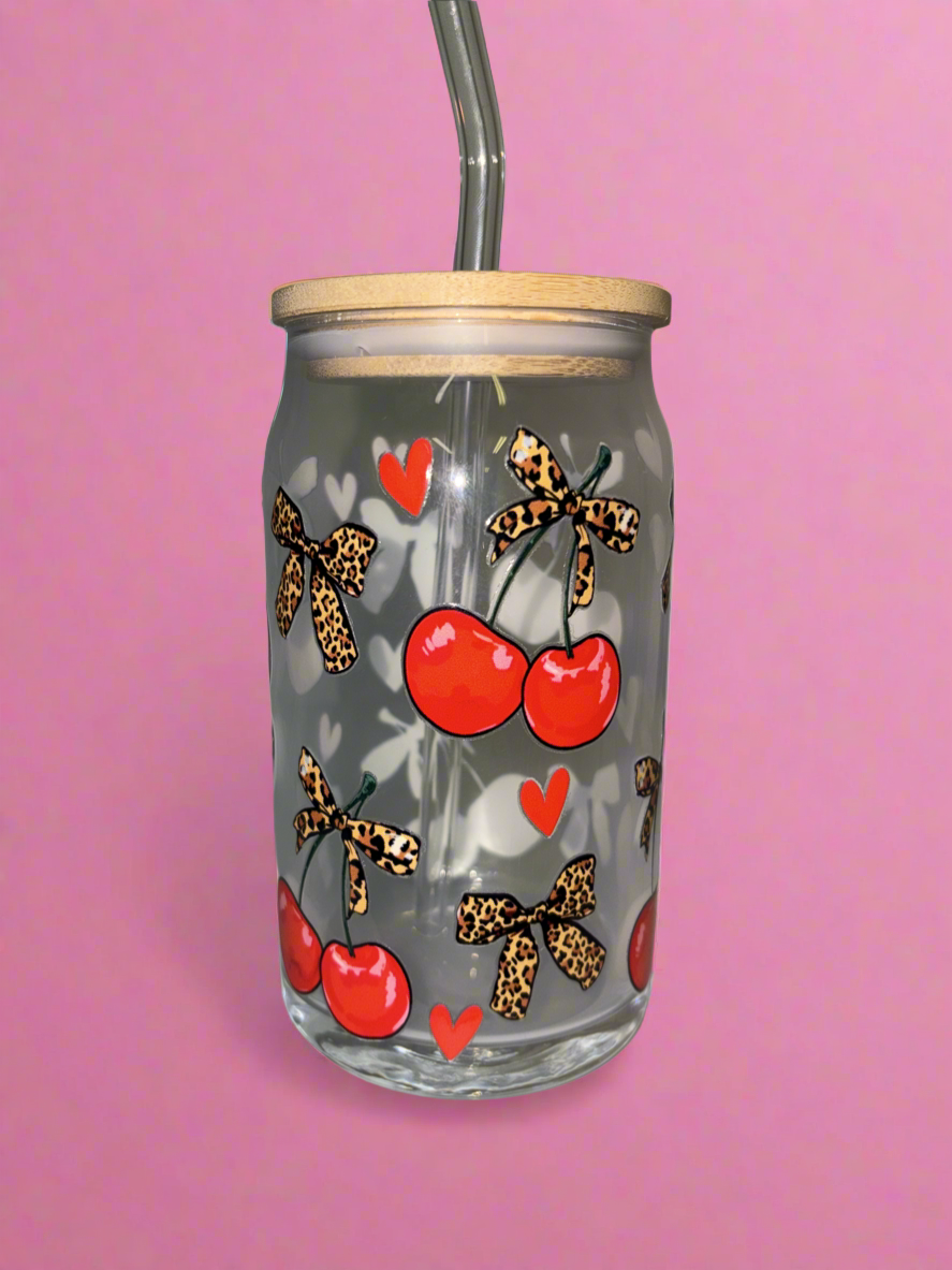 Cherries and leopard print glass canππ