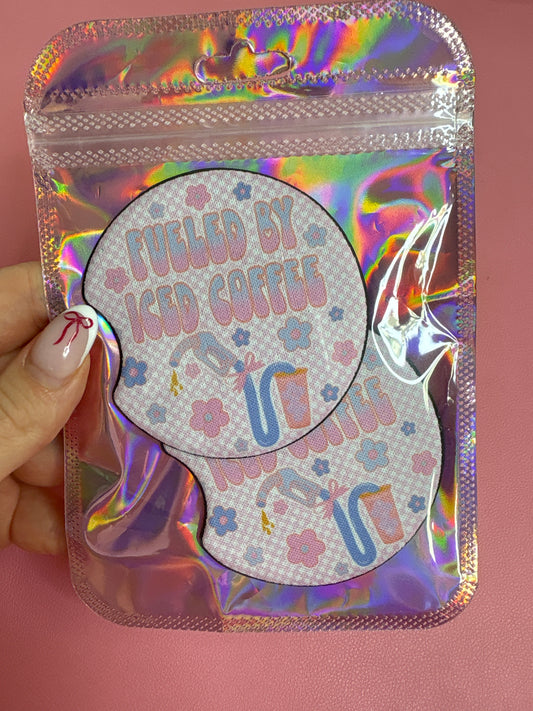 Fueled by iced coffee car coasters set of 2๐