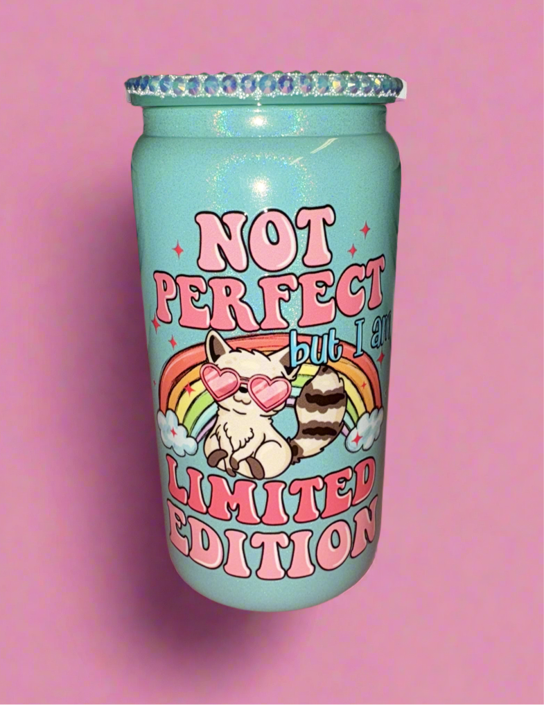 Not perfect but I am limited edition 16oz blue glass can with gemstone lid✨