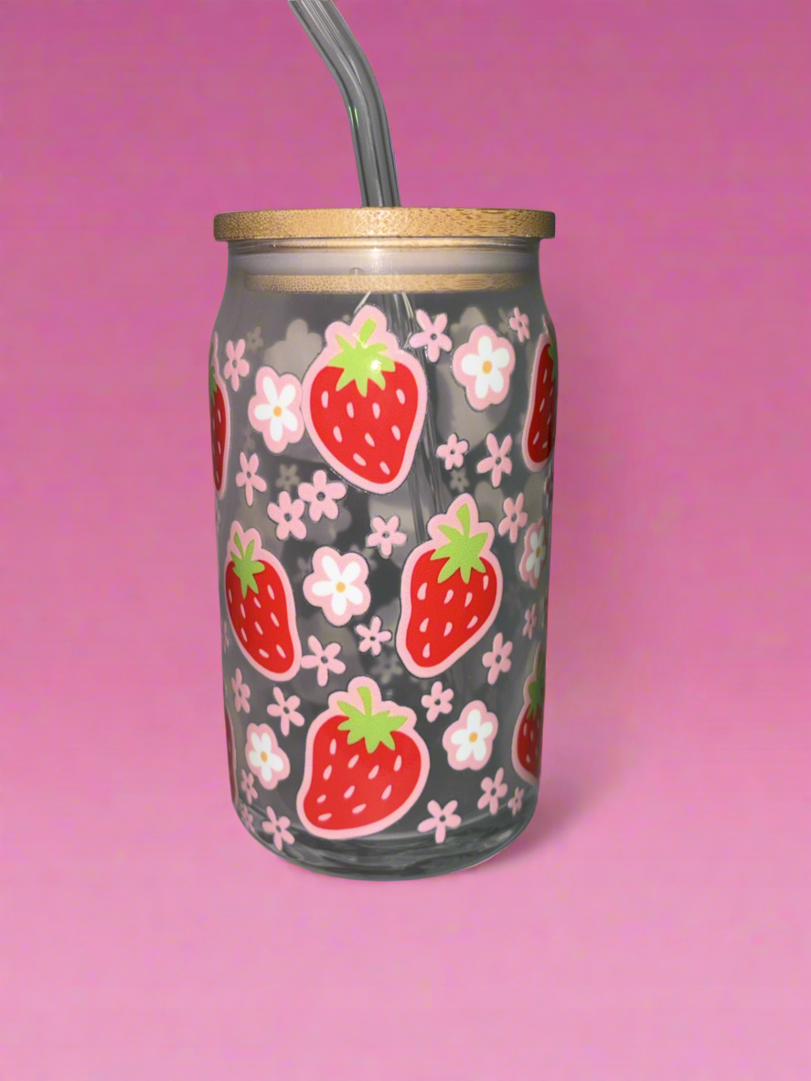 Cute strawberry glass can