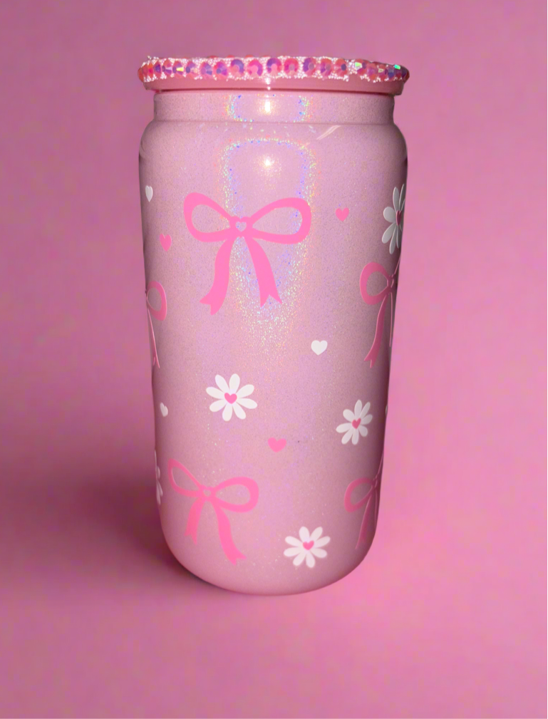 Bow and flower pink gemstone lid glass canππ