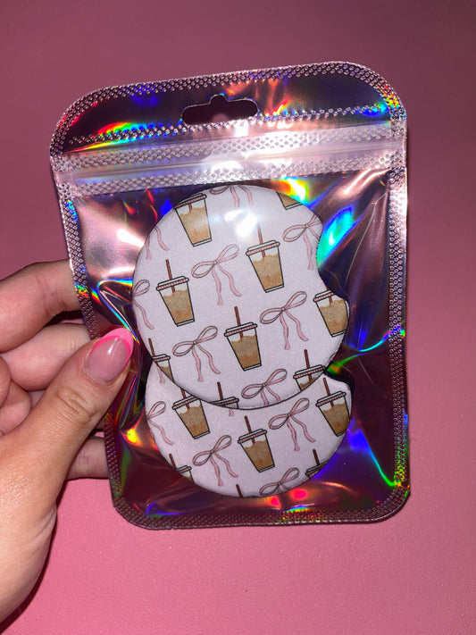 Bows and iced lattes car coasters set of 2๐