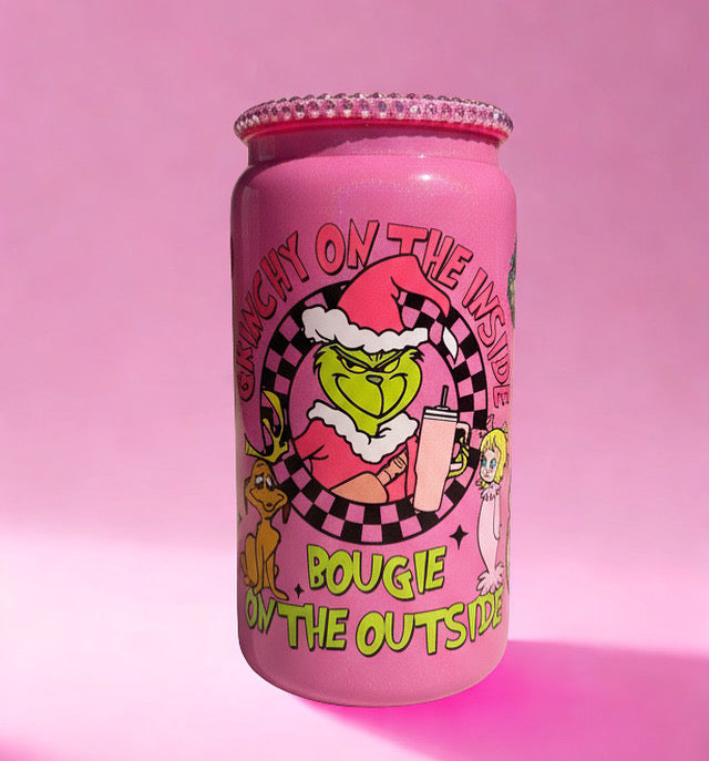 Grinchy on the inside bougie on the outside pink gemstone lid glass can💕