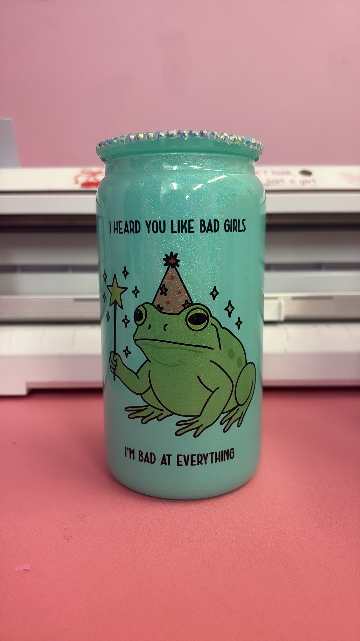 I heard you like bad girls blue glitter 16oz glass can🐸