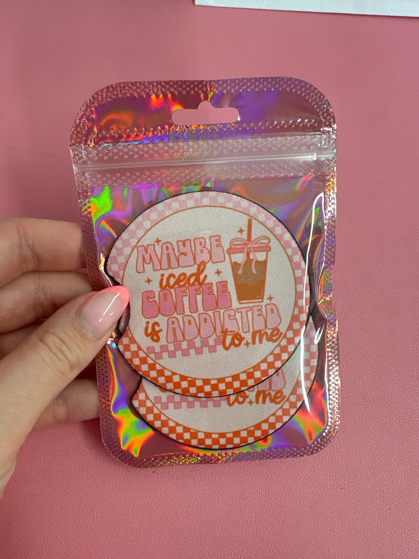 Maybe iced coffee is addicted to me car coasters set of 2💕
