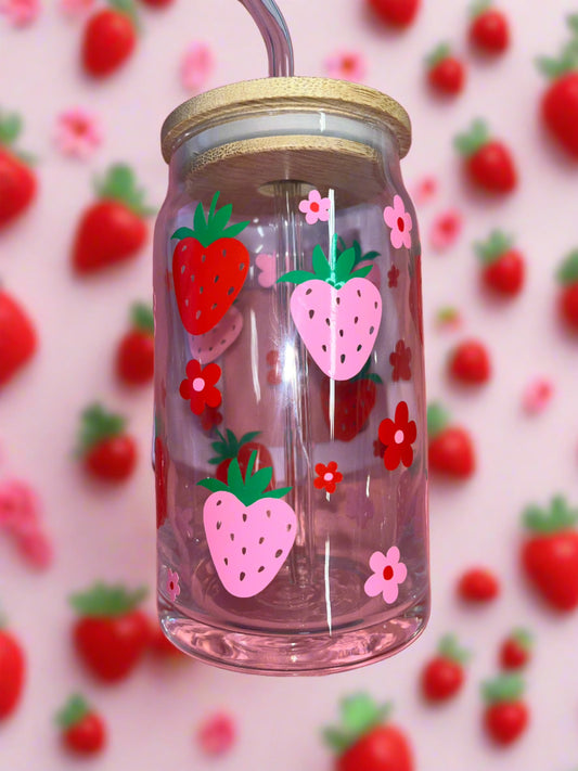 Pink and red strawberry glass can🌸🍓