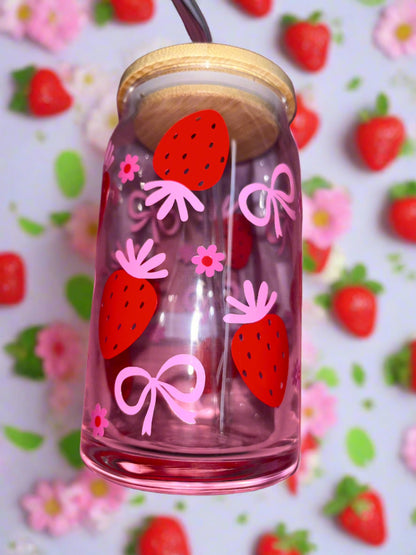 Strawberry and bow glass can🍓🎀