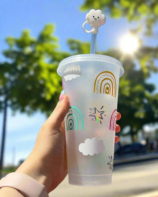 Rainbow and Cloud Cold Cup with Cloud Straw Topper ☁️🌈✨