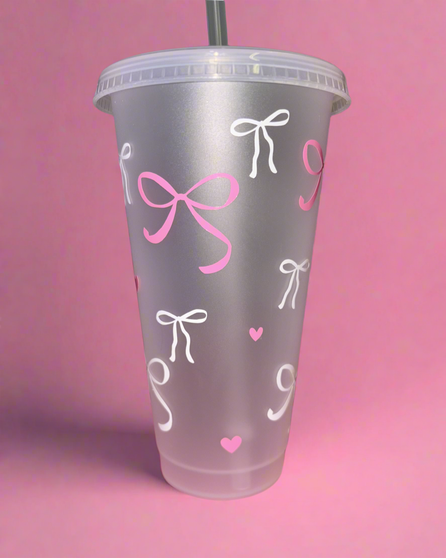 White and pink bow cold cup🎀