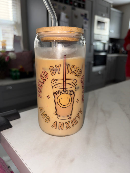 Fueled by iced coffee and anxiety glass can✨
