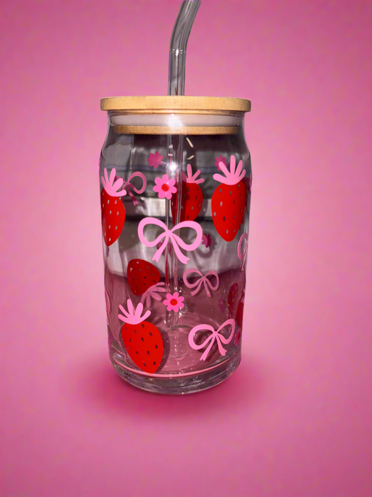 Strawberry and bow glass can🍓🎀