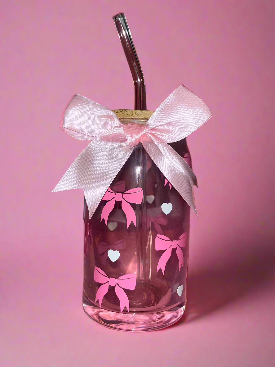 Bow glass can with satin bow🎀💕