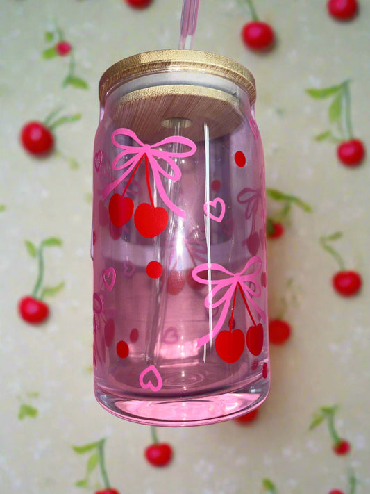 Cherry Bow glass can🍒🎀