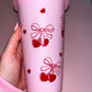Cherry and bow pink cold cup🎀🍒