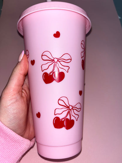 Cherry and bow pink cold cup🎀🍒