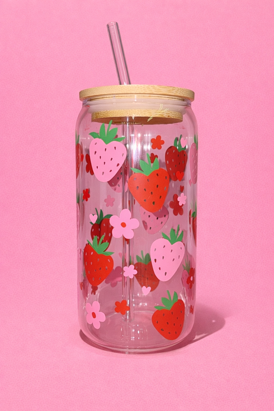 Pink and red strawberry glass can🌸🍓