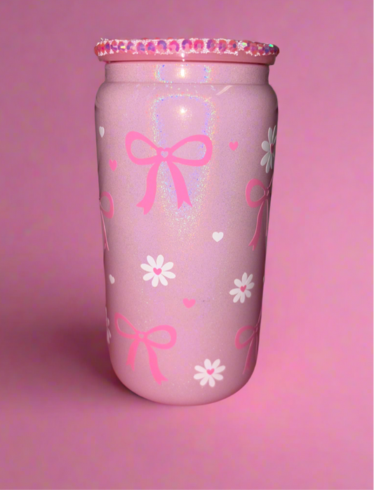 Bow and flower pink gemstone lid glass can🎀💕