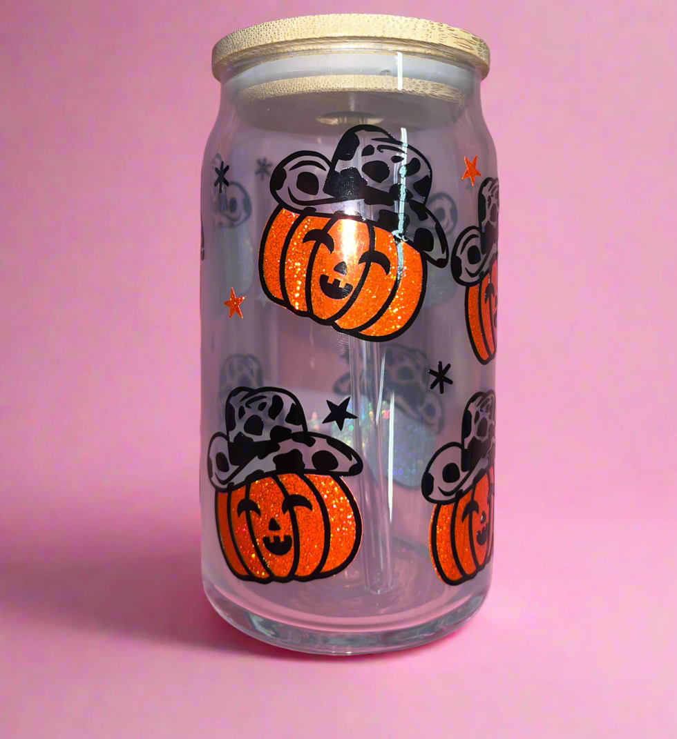 Cowboy pumpkin glass can🎃🖤