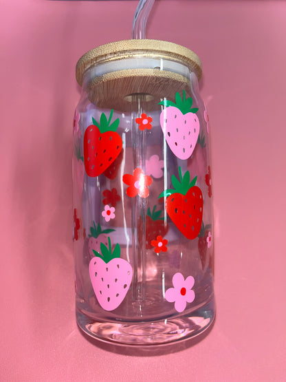 Pink and red strawberry glass can🌸🍓