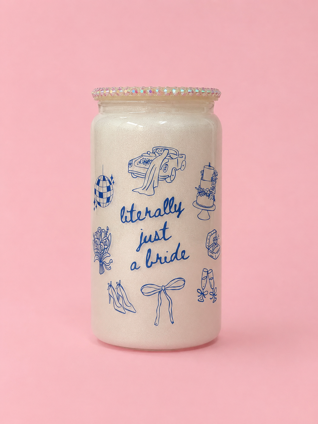 Literally just a bride white glitter 16oz glass can💍✨