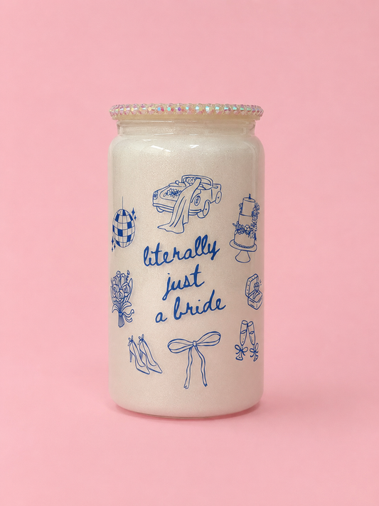 Literally just a bride white glitter 16oz glass can💍✨