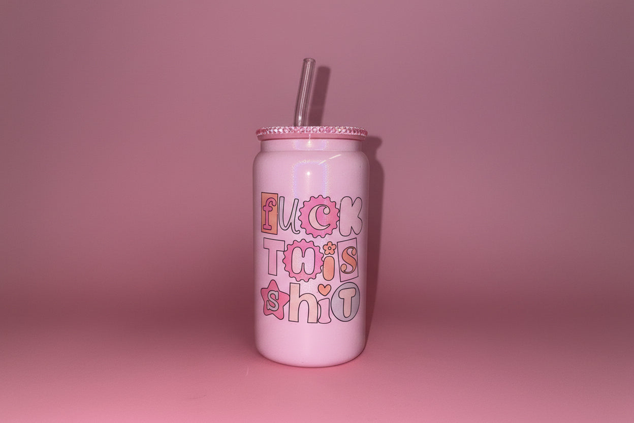 F this sh✨t pink glass can with gemstone lid💗🎀