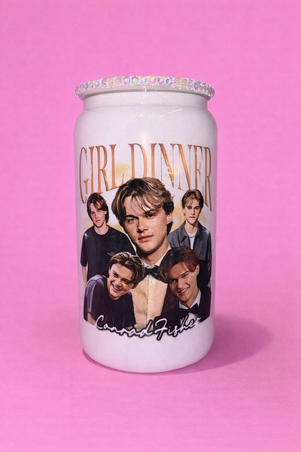 Conrad fisher girl dinner white glitter 16oz glass can✨